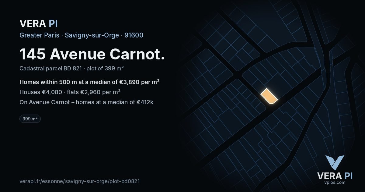 145 Avenue Carnot, Savigny-sur-Orge at night – the plot lit, the parcels around coloured by the prices near them
