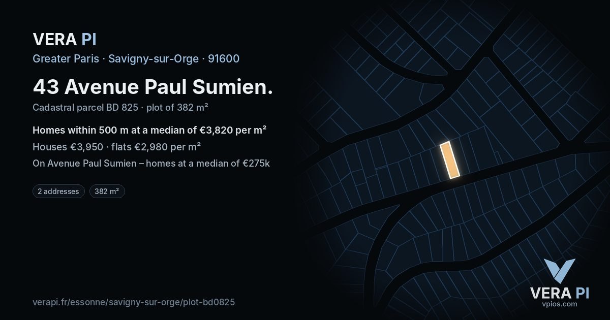 43 Avenue Paul Sumien, Savigny-sur-Orge at night – the plot lit, the parcels around coloured by the prices near them
