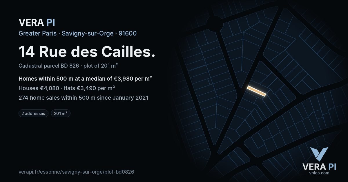 14 Rue des Cailles, Savigny-sur-Orge at night – the plot lit, the parcels around coloured by the prices near them