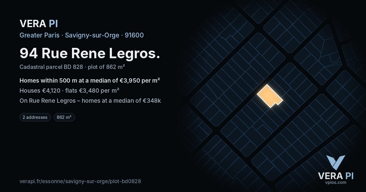 94 Rue Rene Legros, Savigny-sur-Orge at night – the plot lit, the parcels around coloured by the prices near them