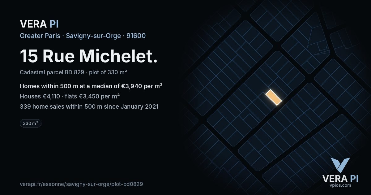 15 Rue Michelet, Savigny-sur-Orge at night – the plot lit, the parcels around coloured by the prices near them