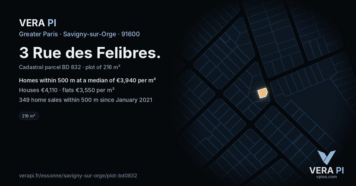 3 Rue des Felibres, Savigny-sur-Orge at night – the plot lit, the parcels around coloured by the prices near them