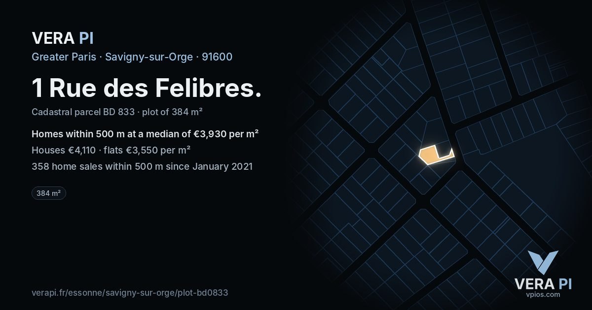 1 Rue des Felibres, Savigny-sur-Orge at night – the plot lit, the parcels around coloured by the prices near them