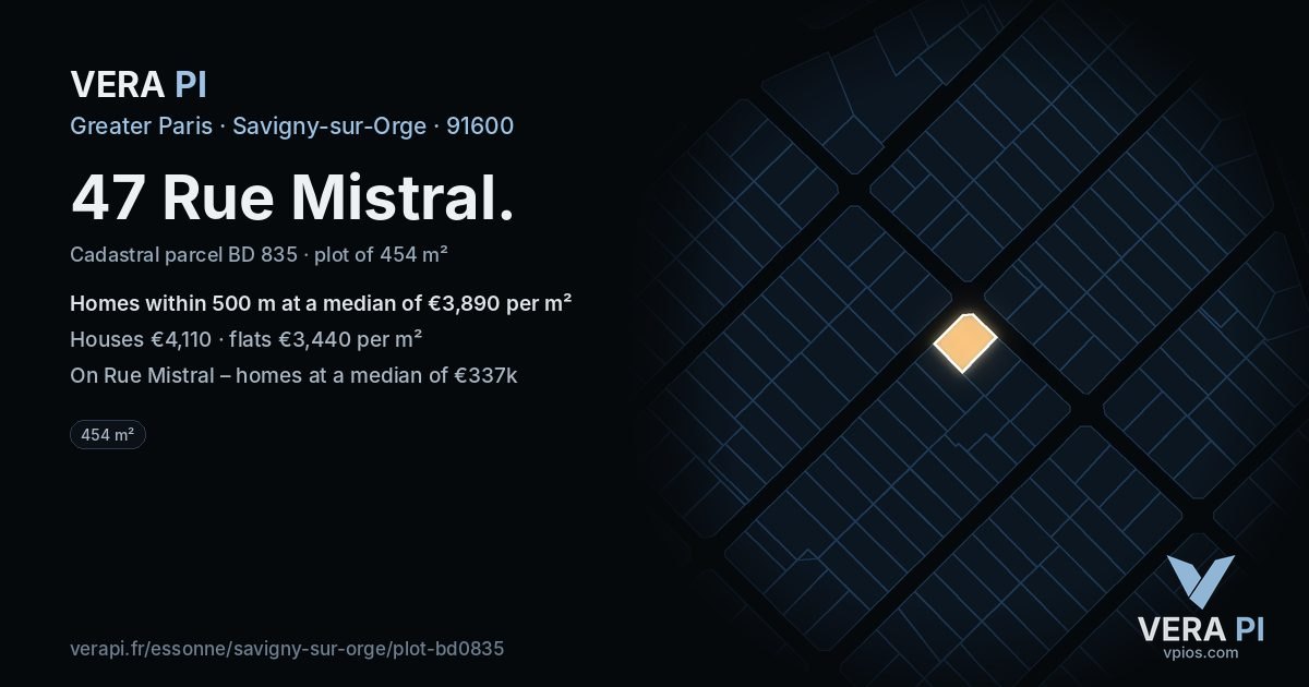 47 Rue Mistral, Savigny-sur-Orge at night – the plot lit, the parcels around coloured by the prices near them