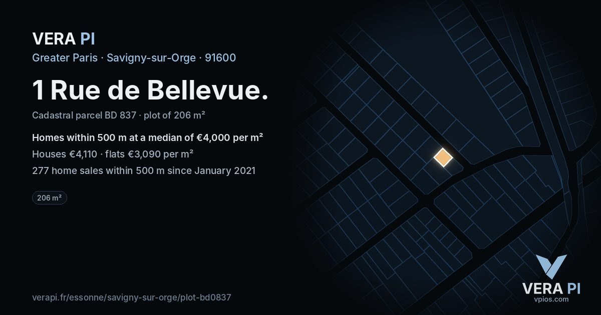 1 Rue de Bellevue, Savigny-sur-Orge at night – the plot lit, the parcels around coloured by the prices near them