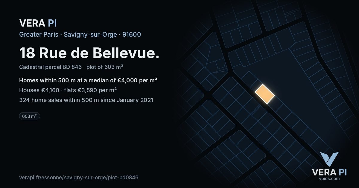 18 Rue de Bellevue, Savigny-sur-Orge at night – the plot lit, the parcels around coloured by the prices near them