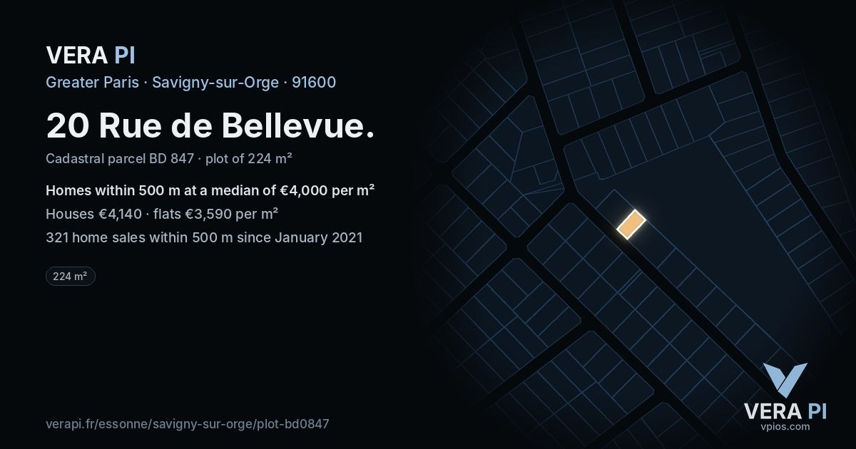 20 Rue de Bellevue, Savigny-sur-Orge at night – the plot lit, the parcels around coloured by the prices near them