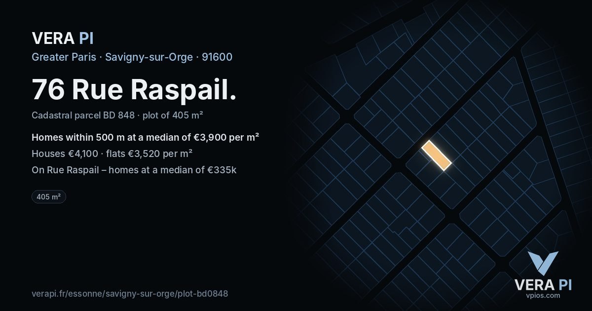 76 Rue Raspail, Savigny-sur-Orge at night – the plot lit, the parcels around coloured by the prices near them