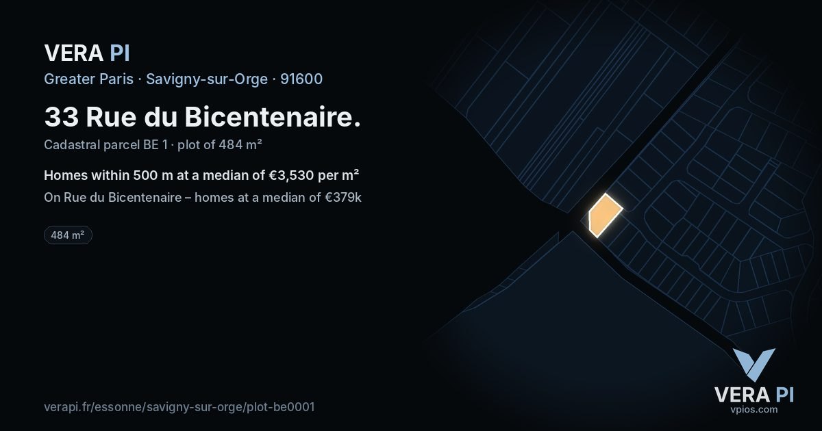 33 Rue du Bicentenaire, Savigny-sur-Orge at night – the plot lit, the parcels around coloured by the prices near them