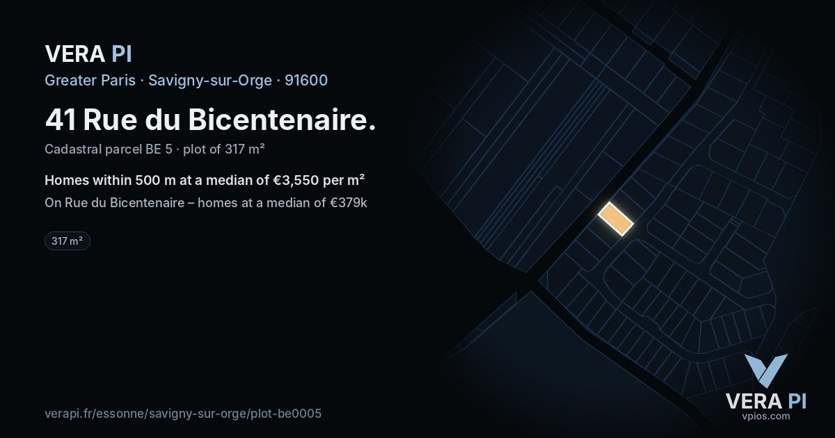 41 Rue du Bicentenaire, Savigny-sur-Orge at night – the plot lit, the parcels around coloured by the prices near them