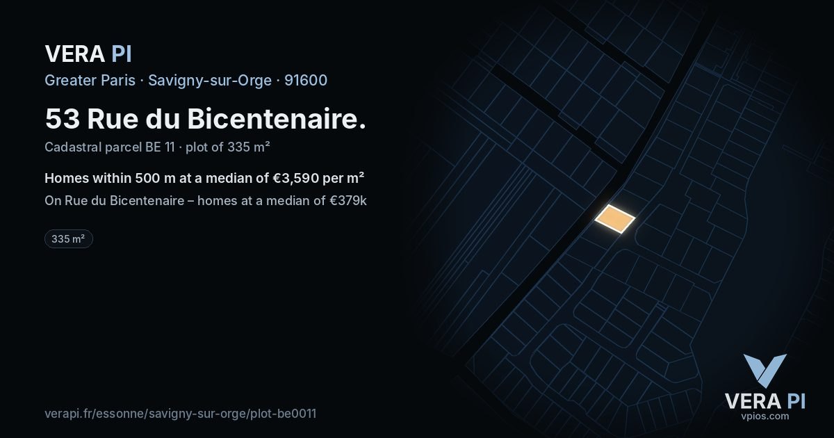 53 Rue du Bicentenaire, Savigny-sur-Orge at night – the plot lit, the parcels around coloured by the prices near them