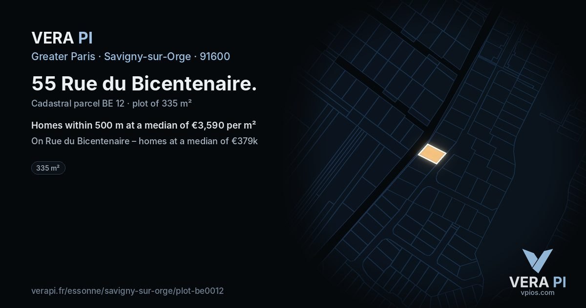 55 Rue du Bicentenaire, Savigny-sur-Orge at night – the plot lit, the parcels around coloured by the prices near them