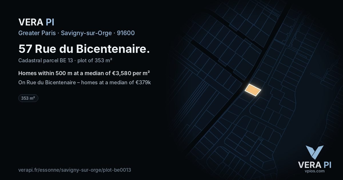 57 Rue du Bicentenaire, Savigny-sur-Orge at night – the plot lit, the parcels around coloured by the prices near them