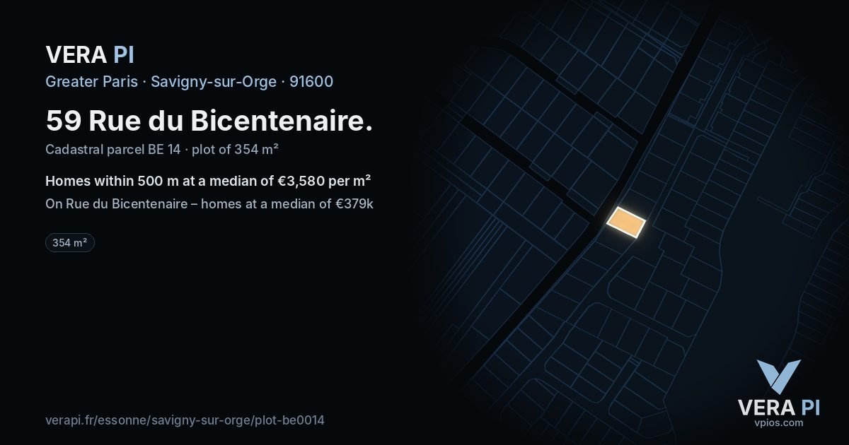59 Rue du Bicentenaire, Savigny-sur-Orge at night – the plot lit, the parcels around coloured by the prices near them
