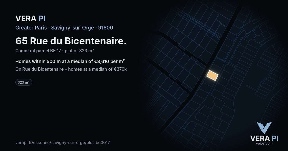65 Rue du Bicentenaire, Savigny-sur-Orge at night – the plot lit, the parcels around coloured by the prices near them
