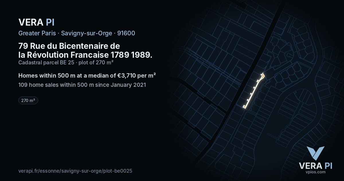 79 Rue du Bicentenaire de la Révolution Francaise 1789 1989, Savigny-sur-Orge at night – the plot lit, the parcels around coloured by the prices near them