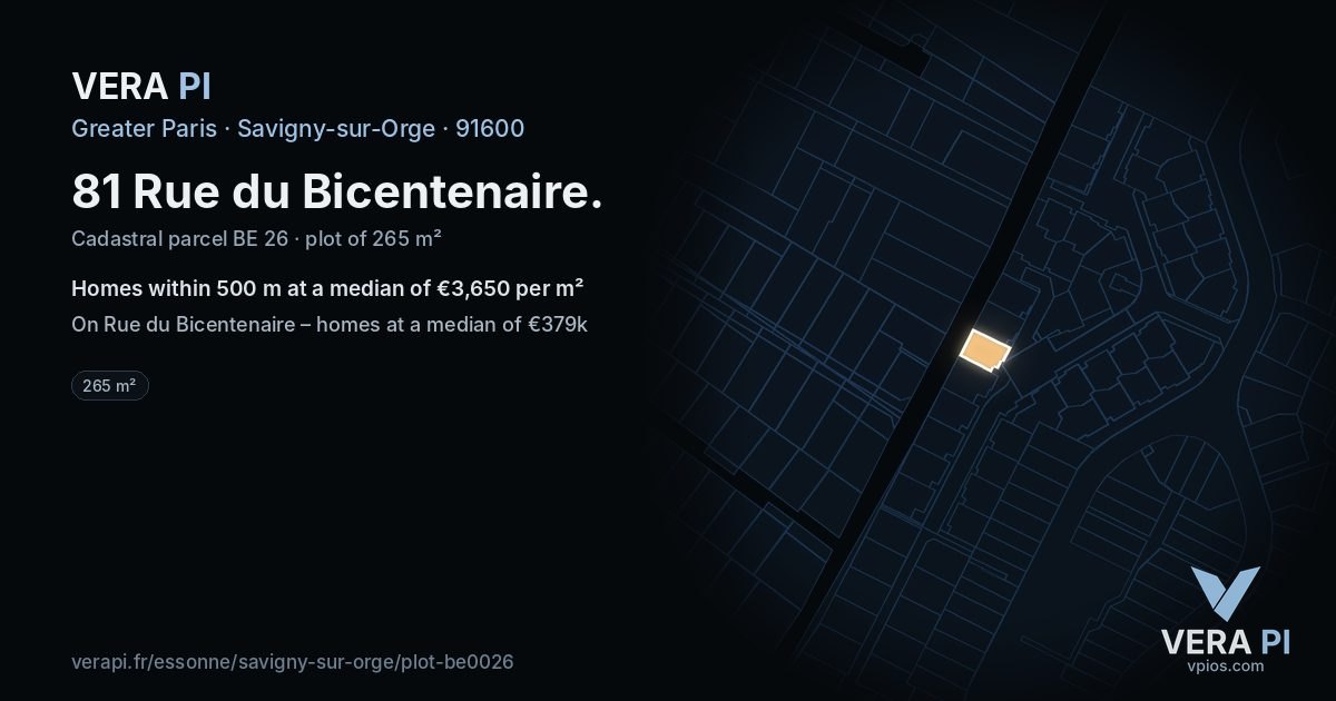 81 Rue du Bicentenaire, Savigny-sur-Orge at night – the plot lit, the parcels around coloured by the prices near them