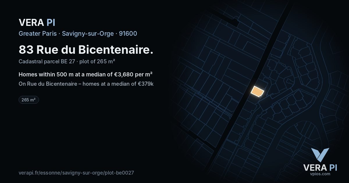 83 Rue du Bicentenaire, Savigny-sur-Orge at night – the plot lit, the parcels around coloured by the prices near them