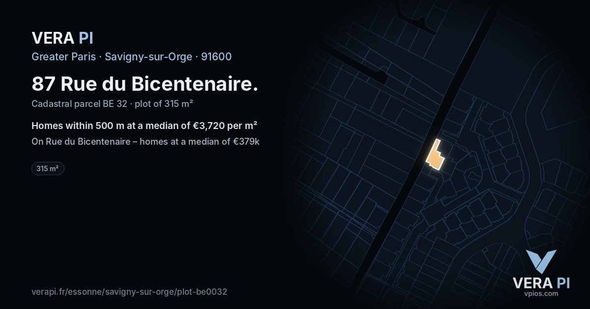 87 Rue du Bicentenaire, Savigny-sur-Orge at night – the plot lit, the parcels around coloured by the prices near them