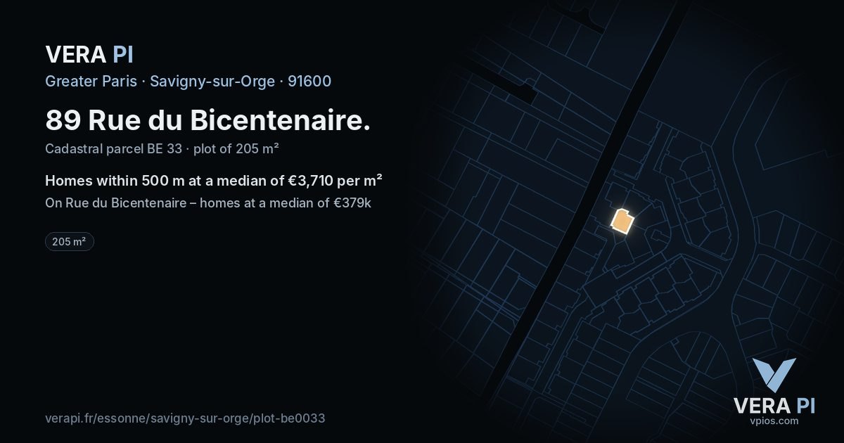 89 Rue du Bicentenaire, Savigny-sur-Orge at night – the plot lit, the parcels around coloured by the prices near them