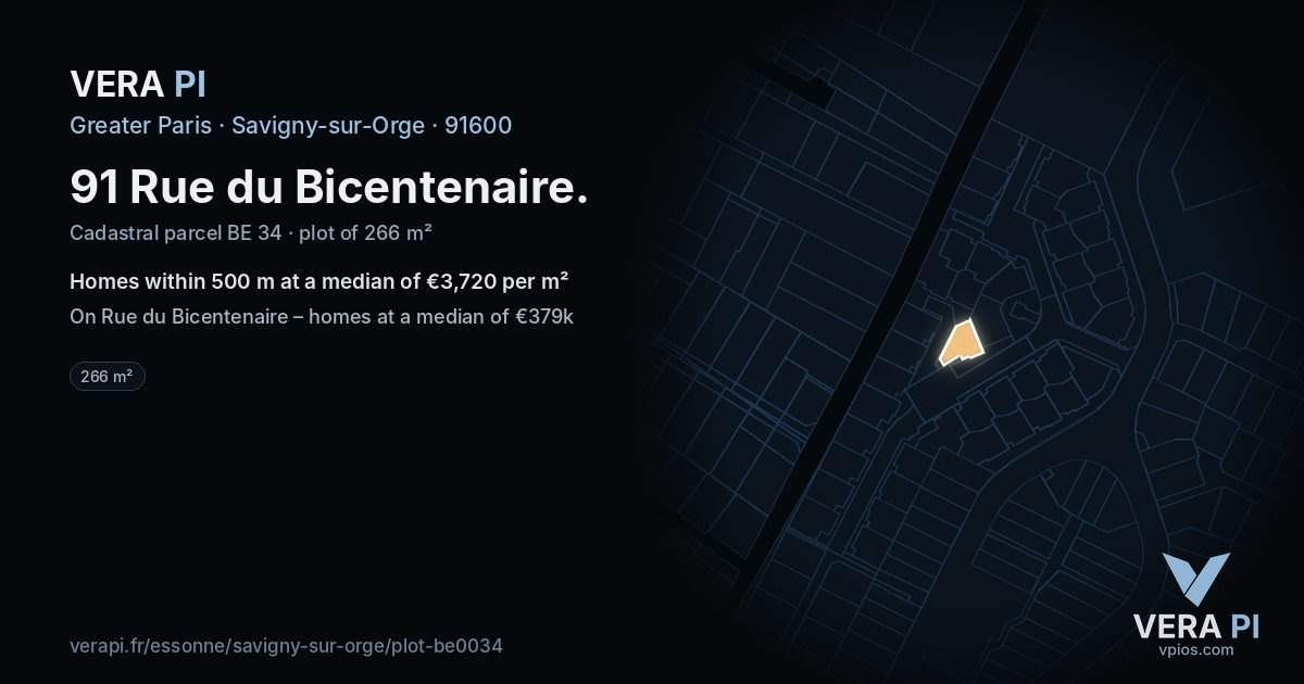 91 Rue du Bicentenaire, Savigny-sur-Orge at night – the plot lit, the parcels around coloured by the prices near them