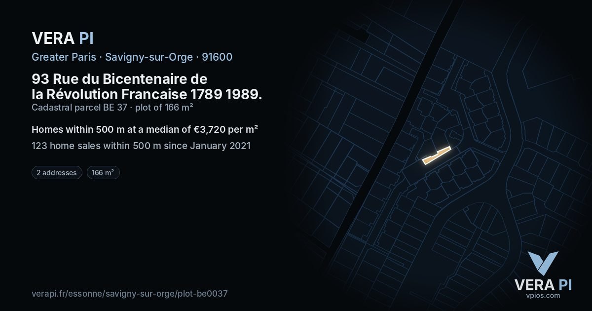 93 Rue du Bicentenaire de la Révolution Francaise 1789 1989, Savigny-sur-Orge at night – the plot lit, the parcels around coloured by the prices near them