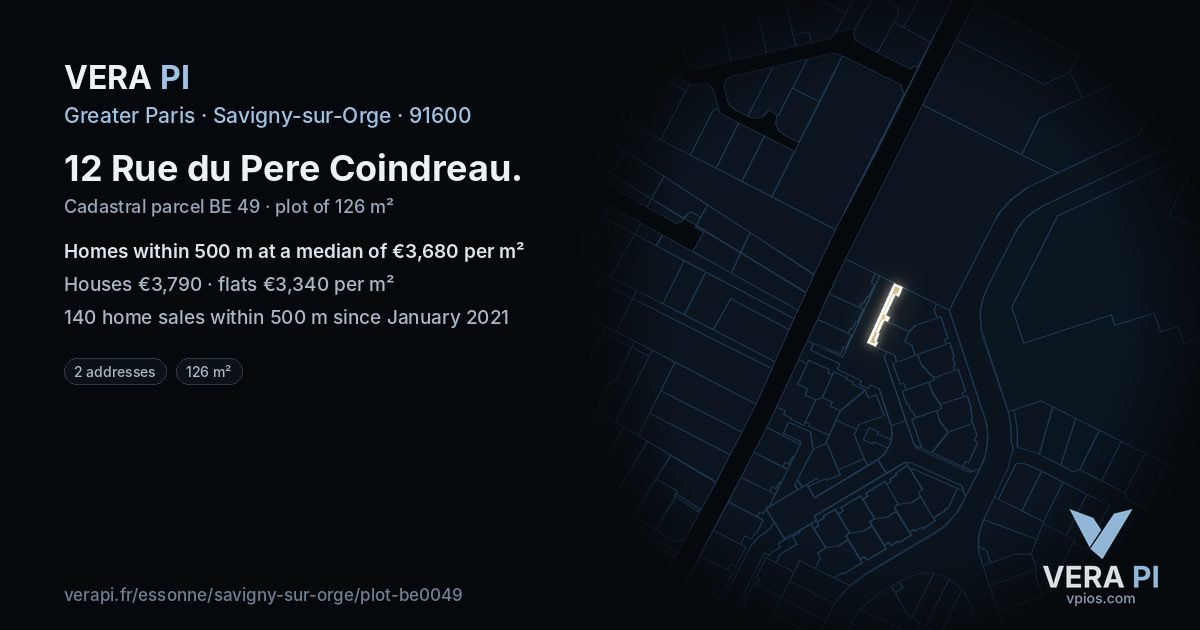 12 Rue du Pere Coindreau, Savigny-sur-Orge at night – the plot lit, the parcels around coloured by the prices near them