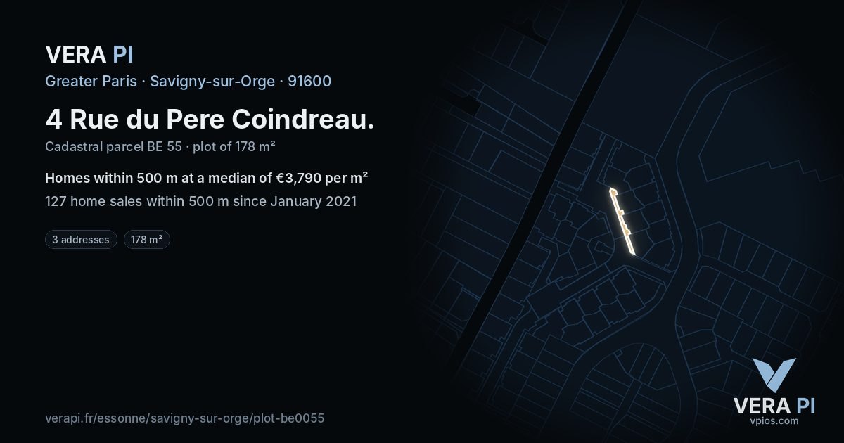 4 Rue du Pere Coindreau, Savigny-sur-Orge at night – the plot lit, the parcels around coloured by the prices near them