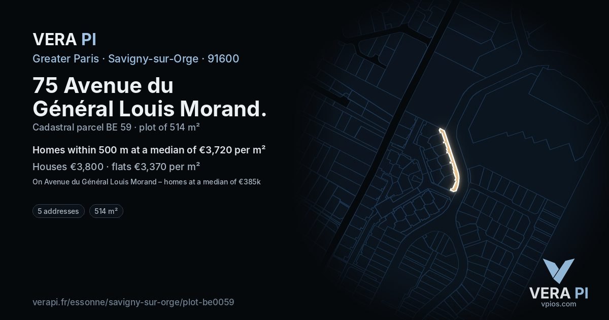 75 Avenue du Général Louis Morand, Savigny-sur-Orge at night – the plot lit, the parcels around coloured by the prices near them