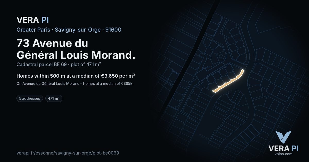 73 Avenue du Général Louis Morand, Savigny-sur-Orge at night – the plot lit, the parcels around coloured by the prices near them