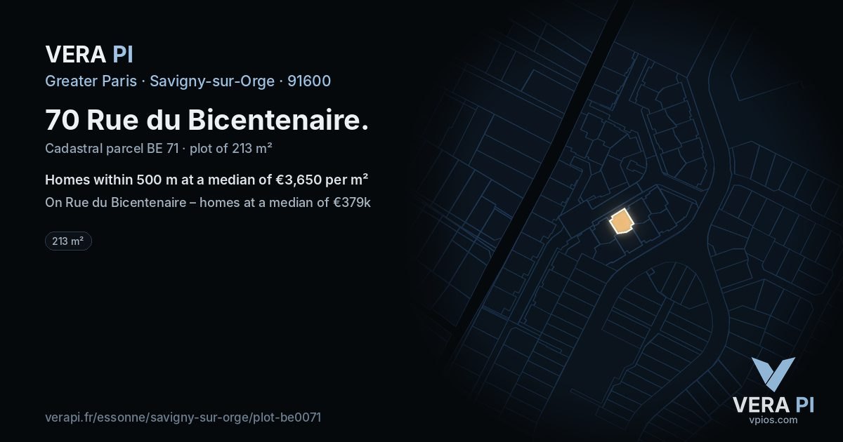 70 Rue du Bicentenaire, Savigny-sur-Orge at night – the plot lit, the parcels around coloured by the prices near them