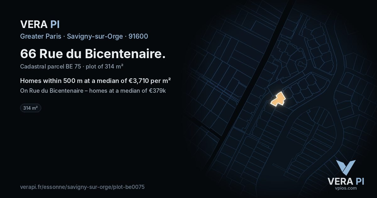 66 Rue du Bicentenaire, Savigny-sur-Orge at night – the plot lit, the parcels around coloured by the prices near them