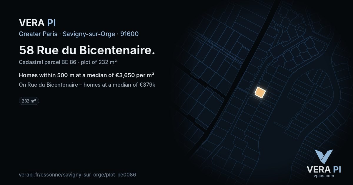 58 Rue du Bicentenaire, Savigny-sur-Orge at night – the plot lit, the parcels around coloured by the prices near them