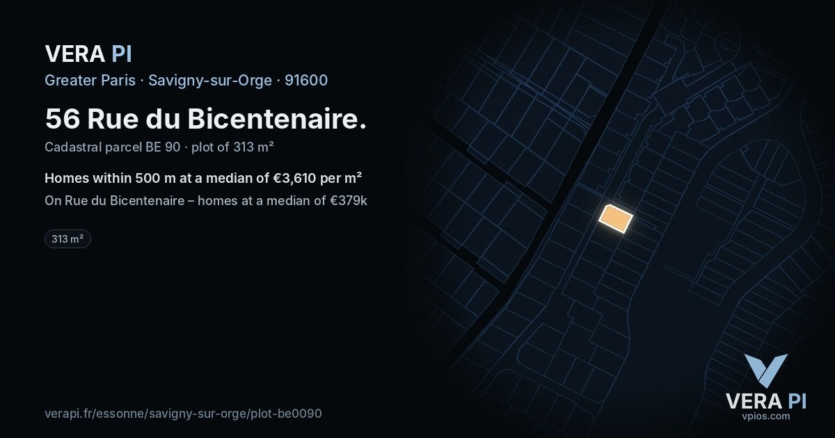 56 Rue du Bicentenaire, Savigny-sur-Orge at night – the plot lit, the parcels around coloured by the prices near them