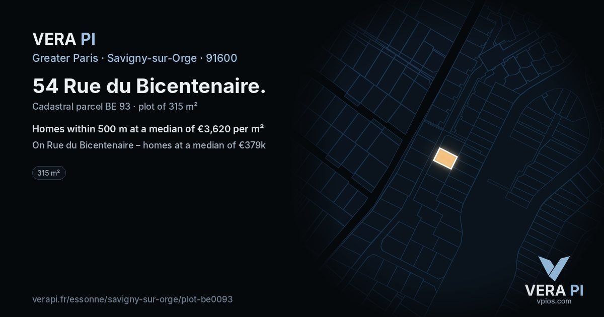 54 Rue du Bicentenaire, Savigny-sur-Orge at night – the plot lit, the parcels around coloured by the prices near them