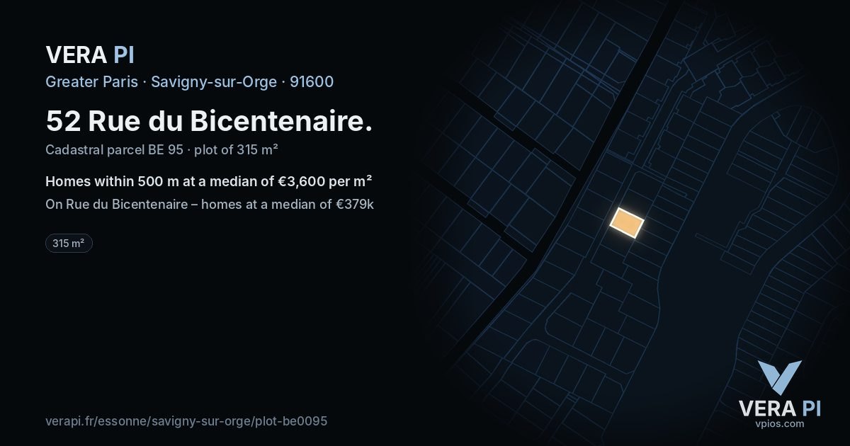 52 Rue du Bicentenaire, Savigny-sur-Orge at night – the plot lit, the parcels around coloured by the prices near them