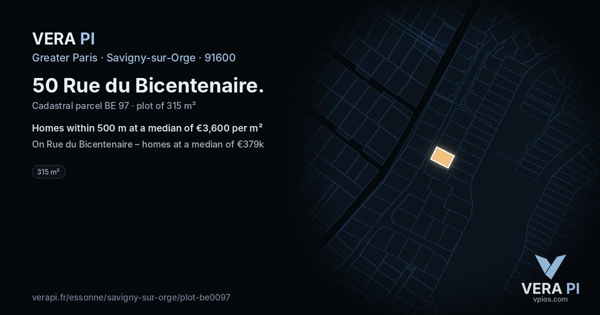 50 Rue du Bicentenaire, Savigny-sur-Orge at night – the plot lit, the parcels around coloured by the prices near them