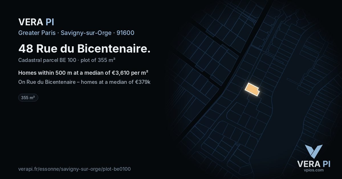 48 Rue du Bicentenaire, Savigny-sur-Orge at night – the plot lit, the parcels around coloured by the prices near them