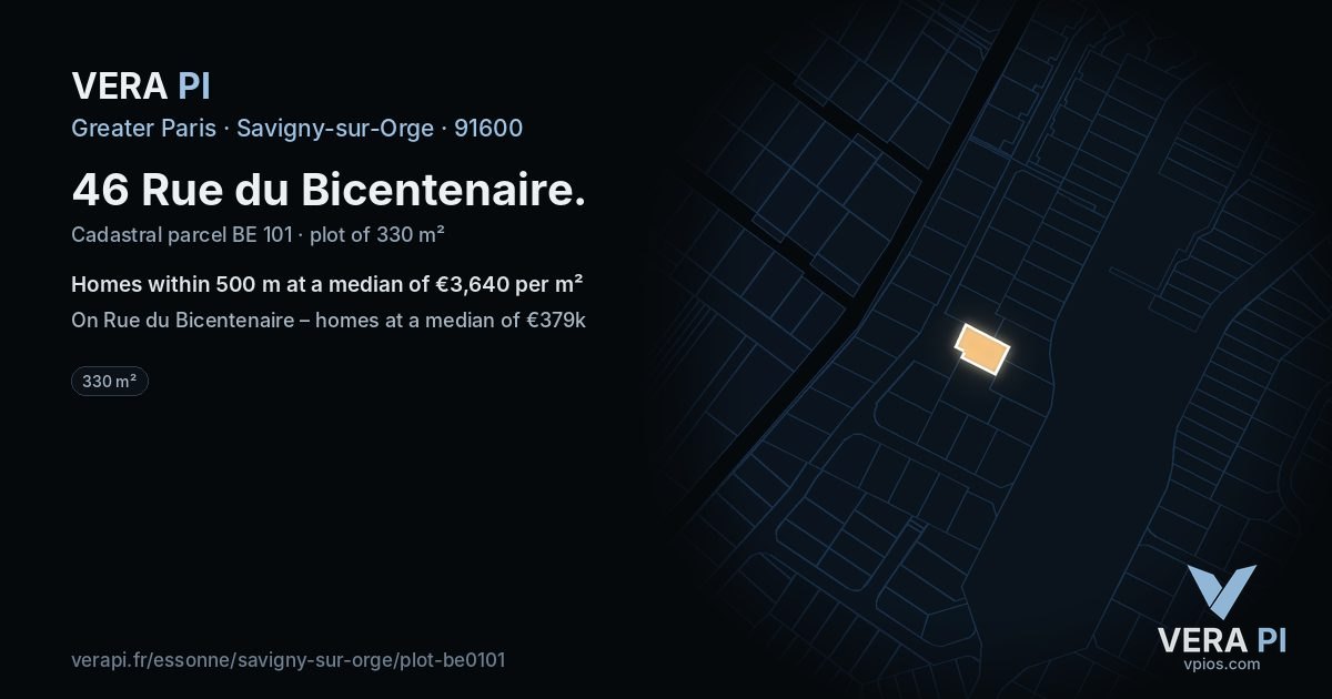 46 Rue du Bicentenaire, Savigny-sur-Orge at night – the plot lit, the parcels around coloured by the prices near them