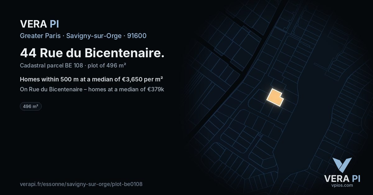 44 Rue du Bicentenaire, Savigny-sur-Orge at night – the plot lit, the parcels around coloured by the prices near them