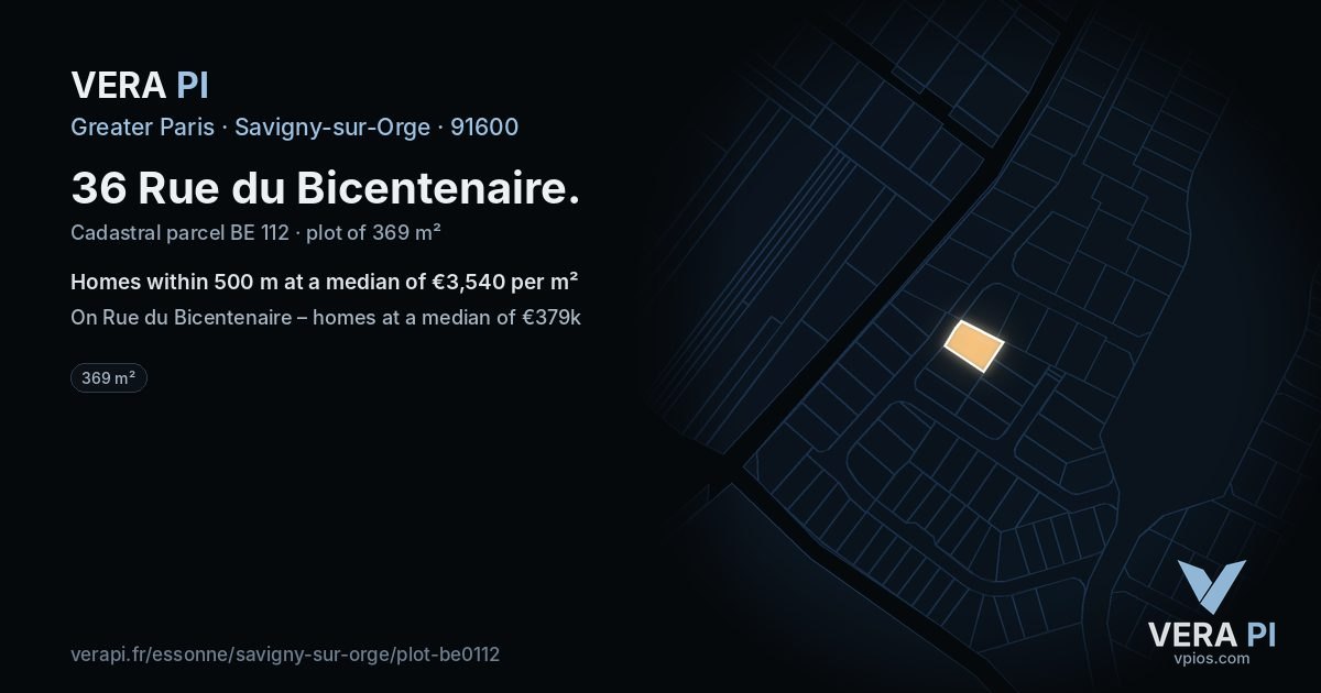 36 Rue du Bicentenaire, Savigny-sur-Orge at night – the plot lit, the parcels around coloured by the prices near them