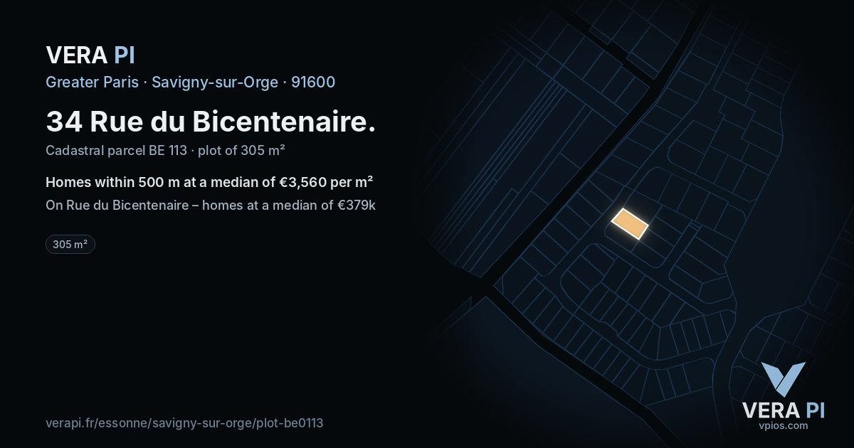 34 Rue du Bicentenaire, Savigny-sur-Orge at night – the plot lit, the parcels around coloured by the prices near them