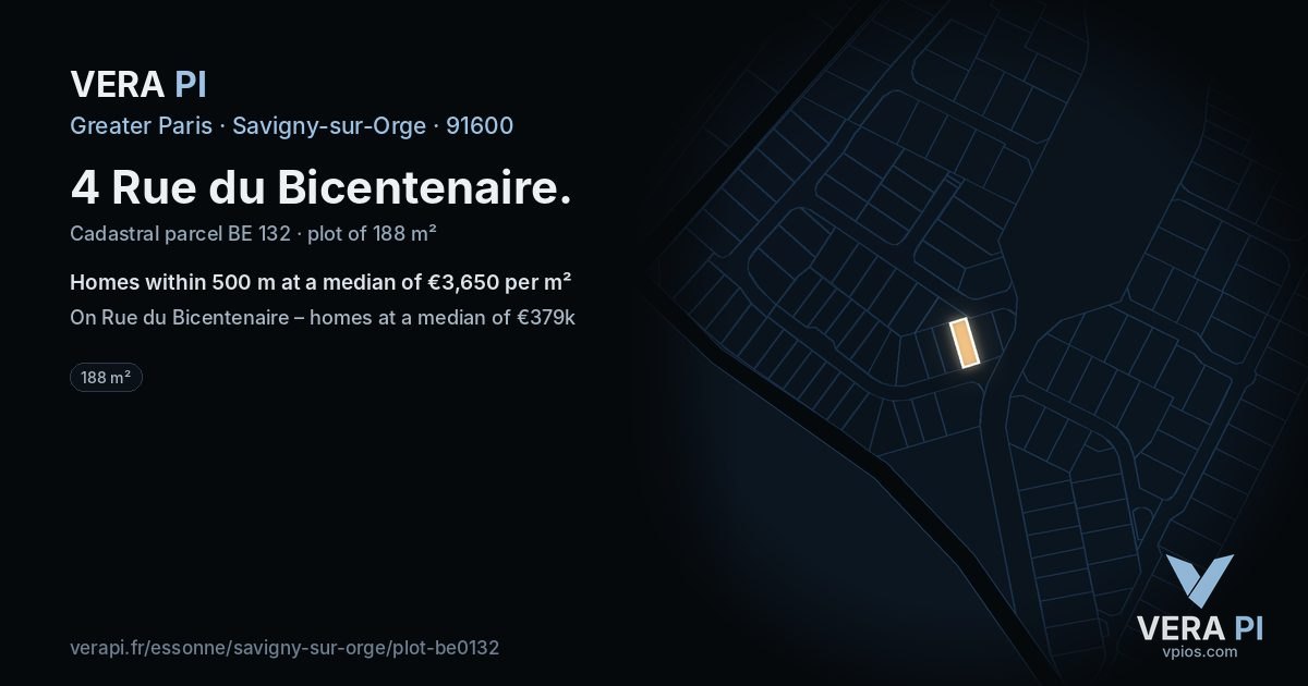4 Rue du Bicentenaire, Savigny-sur-Orge at night – the plot lit, the parcels around coloured by the prices near them
