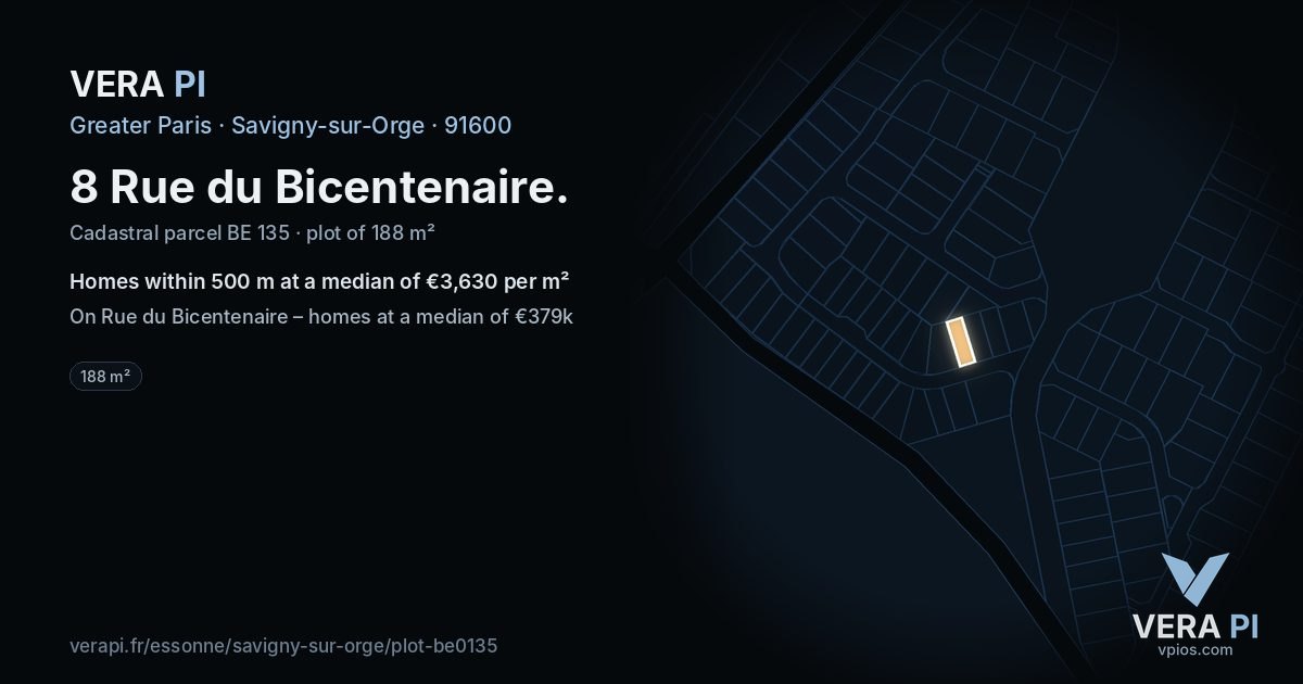 8 Rue du Bicentenaire, Savigny-sur-Orge at night – the plot lit, the parcels around coloured by the prices near them