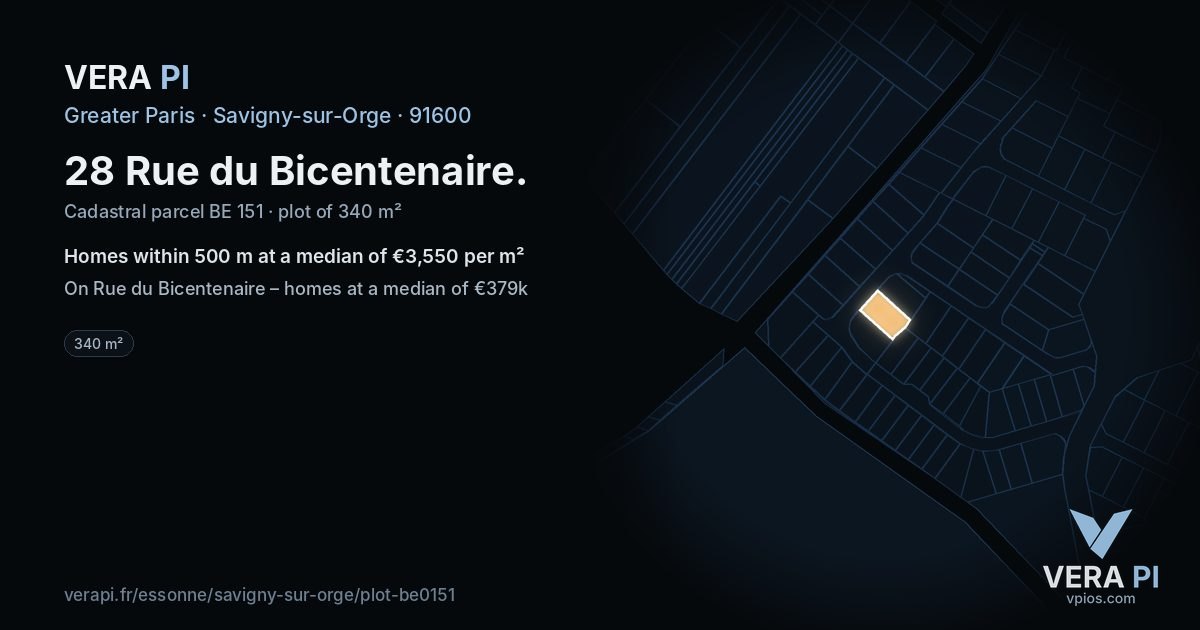 28 Rue du Bicentenaire, Savigny-sur-Orge at night – the plot lit, the parcels around coloured by the prices near them