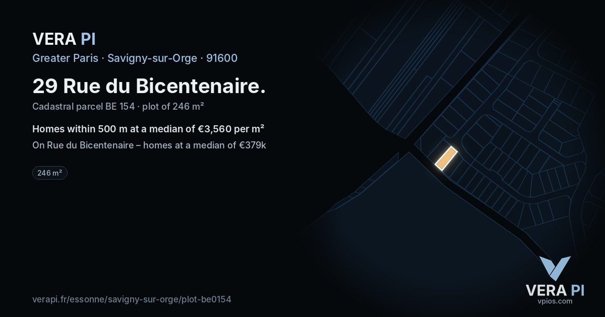 29 Rue du Bicentenaire, Savigny-sur-Orge at night – the plot lit, the parcels around coloured by the prices near them