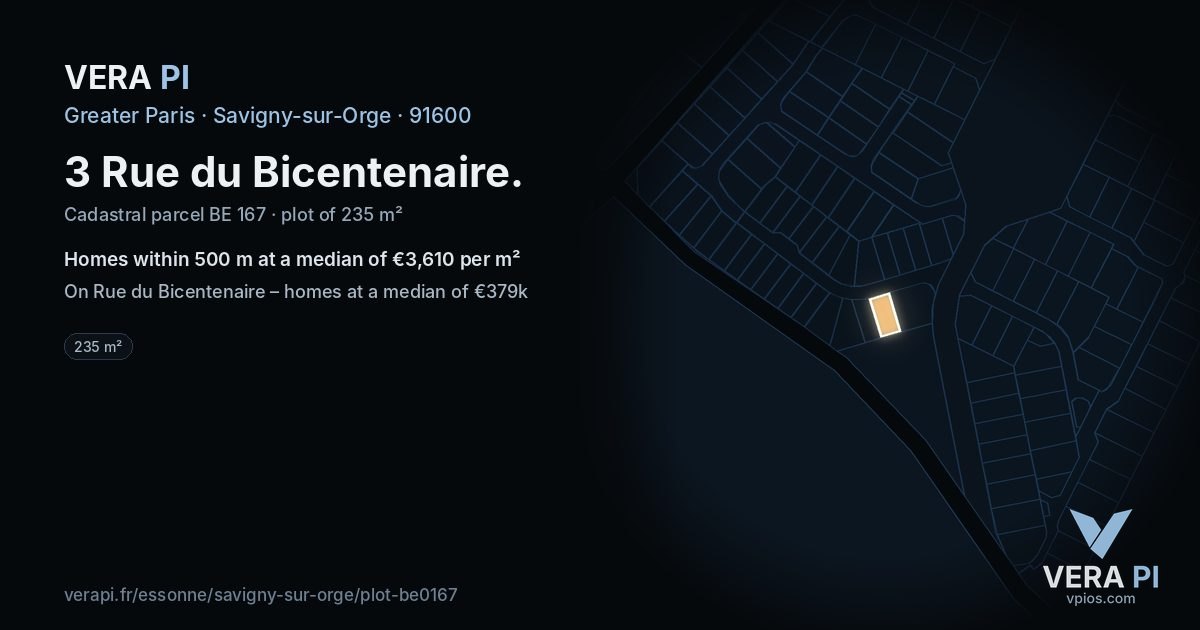 3 Rue du Bicentenaire, Savigny-sur-Orge at night – the plot lit, the parcels around coloured by the prices near them