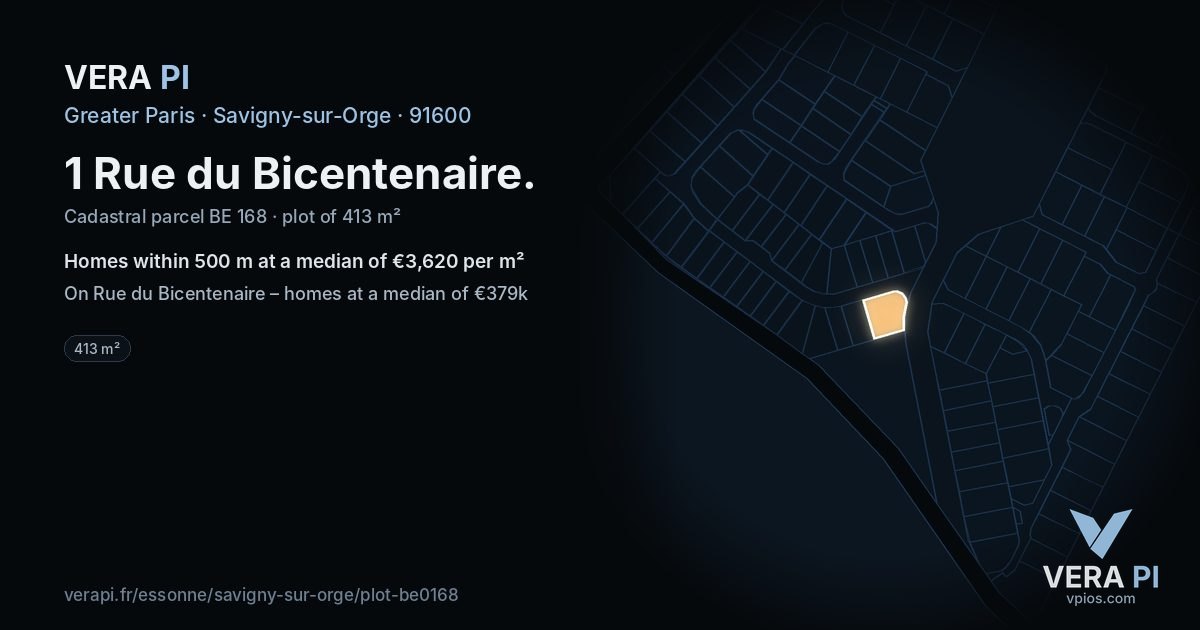 1 Rue du Bicentenaire, Savigny-sur-Orge at night – the plot lit, the parcels around coloured by the prices near them