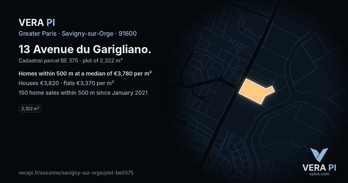 13 Avenue du Garigliano, Savigny-sur-Orge at night – the plot lit, the parcels around coloured by the prices near them
