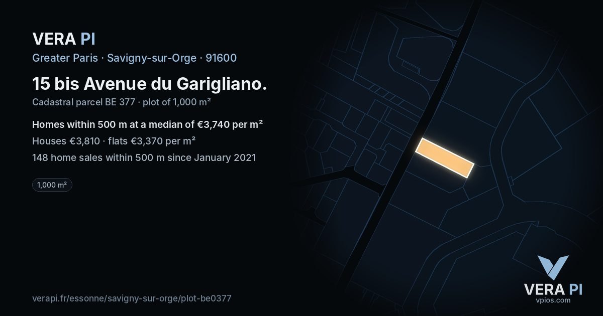 15 bis Avenue du Garigliano, Savigny-sur-Orge at night – the plot lit, the parcels around coloured by the prices near them